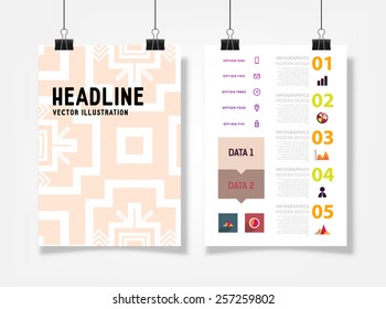 Infographic Vector Illustration with Abstract Geometric Pattern Background. Business Template for Flyer, Banner, Placard, Poster, Brochure Design. Graphic Black Ornament and Elements