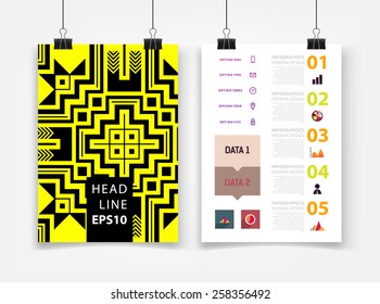 Infographic Vector Illustration with Abstract Geometric Pattern Background. Business Template for Flyer, Banner, Placard, Poster, Brochure Design. Graphic Black Ornament and Elements. Technology Art.