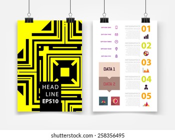 Infografische Vektorgrafik mit abstrakter geometrischer Musterhintergrund. Geschäftsvorlage für Flyer, Banner, Platzierung, Poster, Broschüre Design. Grafisches Schwarzes Ornament und Elemente. Technologie Art.