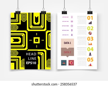 Infografische Vektorgrafik mit abstrakter geometrischer Musterhintergrund. Geschäftsvorlage für Flyer, Banner, Platzierung, Poster, Broschüre Design. Grafisches Schwarzes Ornament und Elemente. Technologie Art.