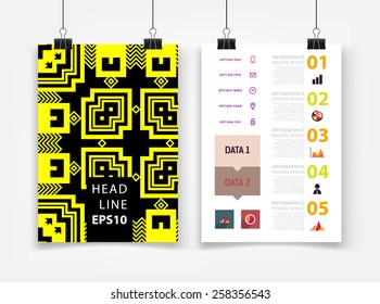 Infographic Vector Illustration with Abstract Geometric Pattern Background. Business Template for Flyer, Banner, Placard, Poster, Brochure Design. Graphic Black Ornament and Elements. Technology Art.