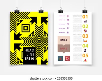 Ilustración de vectores infográficos con fondo de patrón geométrico abstracto. Plantilla de negocio para volante, pancarta, cartel, afiche, diseño de folleto. Ornamento negro gráfico y elementos. Arte tecnológico.