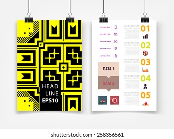 Ilustración de vectores infográficos con fondo de patrón geométrico abstracto. Plantilla de negocio para volante, pancarta, cartel, afiche, diseño de folleto. Ornamento negro gráfico y elementos. Arte tecnológico.