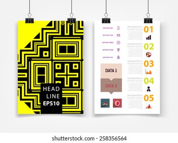 Ilustración de vectores infográficos con fondo de patrón geométrico abstracto. Plantilla de negocio para volante, pancarta, cartel, afiche, diseño de folleto. Ornamento negro gráfico y elementos. Arte tecnológico.