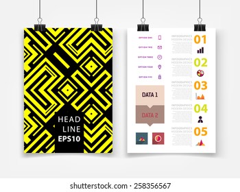Infographic Vector Illustration with Abstract Geometric Pattern Background. Business Template for Flyer, Banner, Placard, Poster, Brochure Design. Graphic Black Ornament and Elements. Technology Art.