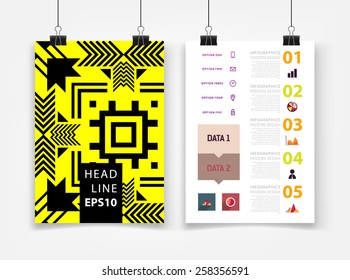 Ilustración de vectores infográficos con fondo de patrón geométrico abstracto. Plantilla de negocio para volante, pancarta, cartel, afiche, diseño de folleto. Ornamento negro gráfico y elementos. Arte tecnológico.