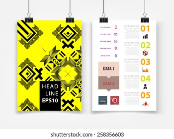 Infographic Vector Illustration with Abstract Geometric Pattern Background. Business Template for Flyer, Banner, Placard, Poster, Brochure Design. Graphic Black Ornament and Elements. Technology Art.