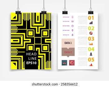 Infografische Vektorgrafik mit abstrakter geometrischer Musterhintergrund. Geschäftsvorlage für Flyer, Banner, Platzierung, Poster, Broschüre Design. Grafisches Schwarzes Ornament und Elemente. Technologie Art.