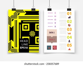 Infographic Vector Illustration with Abstract Geometric Pattern Background. Business Template for Flyer, Banner, Placard, Poster, Brochure Design. Graphic Black Ornament and Elements. Technology Art.