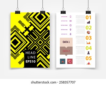 Infographic Vector Illustration with Abstract Geometric Pattern Background. Business Template for Flyer, Banner, Placard, Poster, Brochure Design. Graphic Black Ornament and Elements. Technology Art.