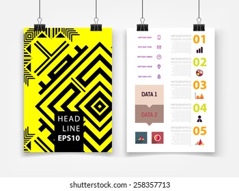 Infographic Vector Illustration with Abstract Geometric Pattern Background. Business Template for Flyer, Banner, Placard, Poster, Brochure Design. Graphic Black Ornament and Elements. Technology Art.
