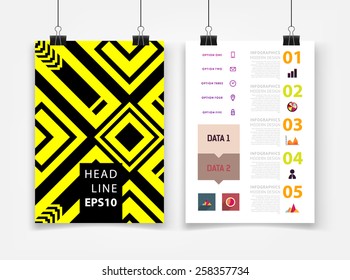Infographic Vector Illustration with Abstract Geometric Pattern Background. Business Template for Flyer, Banner, Placard, Poster, Brochure Design. Graphic Black Ornament and Elements. Technology Art.