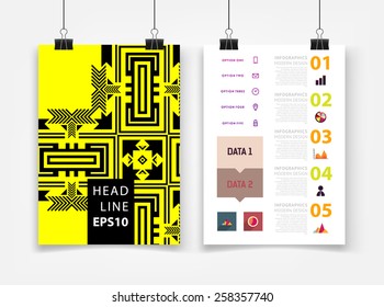 Ilustración de vectores infográficos con fondo de patrón geométrico abstracto. Plantilla de negocio para volante, pancarta, cartel, afiche, diseño de folleto. Ornamento negro gráfico y elementos. Arte tecnológico.