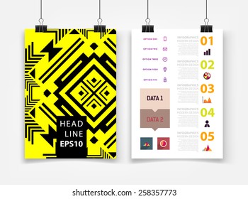 Ilustración de vectores infográficos con fondo de patrón geométrico abstracto. Plantilla de negocio para volante, pancarta, cartel, afiche, diseño de folleto. Ornamento negro gráfico y elementos. Arte tecnológico.