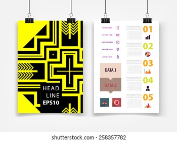 Infografische Vektorgrafik mit abstrakter geometrischer Musterhintergrund. Geschäftsvorlage für Flyer, Banner, Platzierung, Poster, Broschüre Design. Grafisches Schwarzes Ornament und Elemente. Technologie Art.