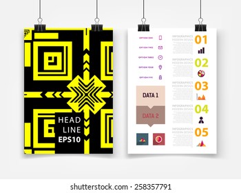 Infographic Vector Illustration with Abstract Geometric Pattern Background. Business Template for Flyer, Banner, Placard, Poster, Brochure Design. Graphic Black Ornament and Elements. Technology Art.