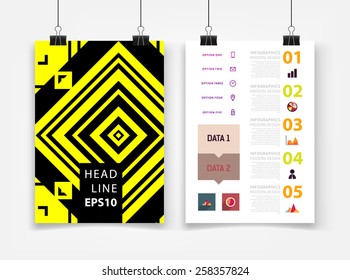 Infografische Vektorgrafik mit abstrakter geometrischer Musterhintergrund. Geschäftsvorlage für Flyer, Banner, Platzierung, Poster, Broschüre Design. Grafisches Schwarzes Ornament und Elemente. Technologie Art.