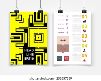 Infographic Vector Illustration with Abstract Geometric Pattern Background. Business Template for Flyer, Banner, Placard, Poster, Brochure Design. Graphic Black Ornament and Elements. Technology Art.