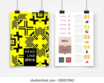 Ilustración de vectores infográficos con fondo de patrón geométrico abstracto. Plantilla de negocio para volante, pancarta, cartel, afiche, diseño de folleto. Ornamento negro gráfico y elementos. Arte tecnológico.