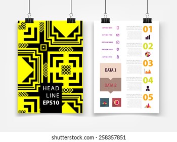 Ilustración de vectores infográficos con fondo de patrón geométrico abstracto. Plantilla de negocio para volante, pancarta, cartel, afiche, diseño de folleto. Ornamento negro gráfico y elementos. Arte tecnológico.