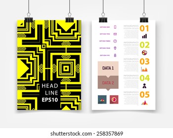 Infographic Vector Illustration with Abstract Geometric Pattern Background. Business Template for Flyer, Banner, Placard, Poster, Brochure Design. Graphic Black Ornament and Elements. Technology Art.