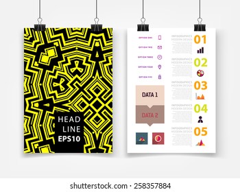 Infographic Vector Illustration with Abstract Geometric Pattern Background. Business Template for Flyer, Banner, Placard, Poster, Brochure Design. Graphic Black Ornament and Elements. Technology Art.