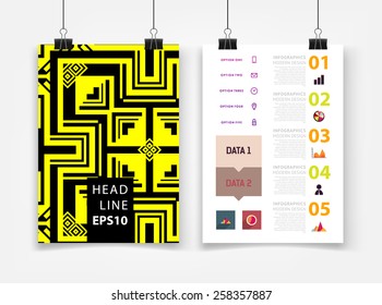 Ilustración de vectores infográficos con fondo de patrón geométrico abstracto. Plantilla de negocio para volante, pancarta, cartel, afiche, diseño de folleto. Ornamento negro gráfico y elementos. Arte tecnológico.