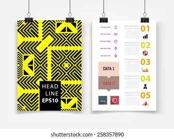 Infografische Vektorgrafik mit abstrakter geometrischer Musterhintergrund. Geschäftsvorlage für Flyer, Banner, Platzierung, Poster, Broschüre Design. Grafisches Schwarzes Ornament und Elemente. Technologie Art.