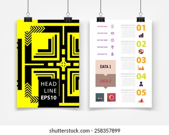 Infographic Vector Illustration with Abstract Geometric Pattern Background. Business Template for Flyer, Banner, Placard, Poster, Brochure Design. Graphic Black Ornament and Elements. Technology Art.