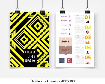 Infographic Vector Illustration with Abstract Geometric Pattern Background. Business Template for Flyer, Banner, Placard, Poster, Brochure Design. Graphic Black Ornament and Elements. Technology Art.