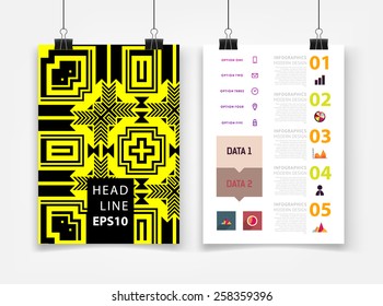 Ilustración de vectores infográficos con fondo de patrón geométrico abstracto. Plantilla de negocio para volante, pancarta, cartel, afiche, diseño de folleto. Ornamento negro gráfico y elementos. Arte tecnológico.