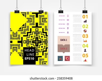 Infographic Vector Illustration with Abstract Geometric Pattern Background. Business Template for Flyer, Banner, Placard, Poster, Brochure Design. Graphic Black Ornament and Elements. Technology Art.