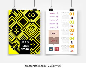 Infographic Vector Illustration with Abstract Geometric Pattern Background. Business Template for Flyer, Banner, Placard, Poster, Brochure Design. Graphic Black Ornament and Elements. Technology Art.