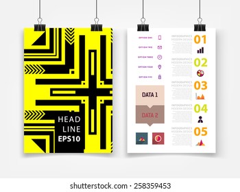 Infographic Vector Illustration with Abstract Geometric Pattern Background. Business Template for Flyer, Banner, Placard, Poster, Brochure Design. Graphic Black Ornament and Elements. Technology Art.