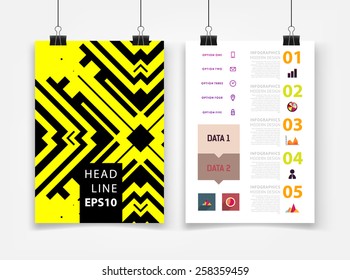 Infographic Vector Illustration with Abstract Geometric Pattern Background. Business Template for Flyer, Banner, Placard, Poster, Brochure Design. Graphic Black Ornament and Elements. Technology Art.