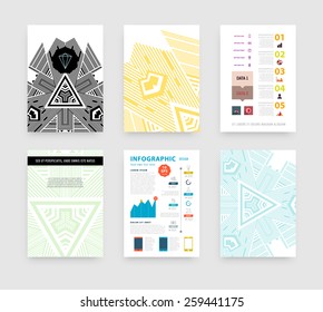 Ilustración de vectores infográficos con fondo de patrón geométrico abstracto. Plantilla de negocio para volante, pancarta, cartel, afiche, diseño de folleto. Ornamento negro gráfico y elementos. Arte Hipster