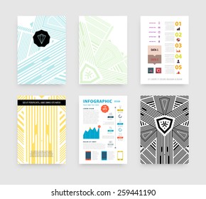 Ilustración de vectores infográficos con fondo de patrón geométrico abstracto. Plantilla de negocio para volante, pancarta, cartel, afiche, diseño de folleto. Ornamento negro gráfico y elementos. Arte Hipster