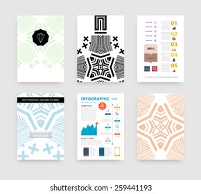 Infographic Vector Illustration with Abstract Geometric Pattern Background. Business Template for Flyer, Banner, Placard, Poster, Brochure Design. Graphic Black Ornament and Elements. Hipster Art