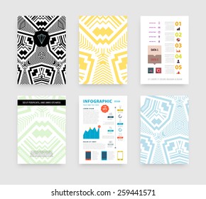 Infographic Vector Illustration with Abstract Geometric Pattern Background. Business Template for Flyer, Banner, Placard, Poster, Brochure Design. Graphic Black Ornament and Elements. Hipster Art