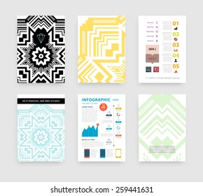 Infographic Vector Illustration with Abstract Geometric Pattern Background. Business Template for Flyer, Banner, Placard, Poster, Brochure Design. Graphic Black Ornament and Elements. Hipster Art