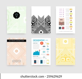 Infographic Vector Illustration with Abstract Geometric Pattern Background. Business Template for Flyer, Banner, Placard, Poster, Brochure Design. Graphic Black Ornament and Elements. Hipster Art