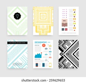 Infografische Vektorgrafik mit abstrakter geometrischer Musterhintergrund. Geschäftsvorlage für Flyer, Banner, Platzierung, Poster, Broschüre Design. Grafisches Schwarzes Ornament und Elemente. Hipster Art