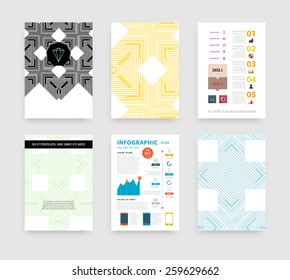 Ilustración de vectores infográficos con fondo de patrón geométrico abstracto. Plantilla de negocio para volante, pancarta, cartel, afiche, diseño de folleto. Ornamento negro gráfico y elementos. Arte Hipster