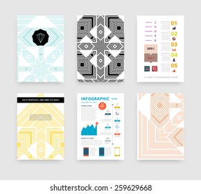 Infographic Vector Illustration with Abstract Geometric Pattern Background. Business Template for Flyer, Banner, Placard, Poster, Brochure Design. Graphic Black Ornament and Elements. Hipster Art