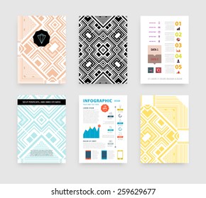 Ilustración de vectores infográficos con fondo de patrón geométrico abstracto. Plantilla de negocio para volante, pancarta, cartel, afiche, diseño de folleto. Ornamento negro gráfico y elementos. Arte Hipster