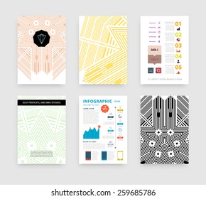 Ilustración de vectores infográficos con fondo de patrón geométrico abstracto. Plantilla de negocio para volante, pancarta, cartel, afiche, diseño de folleto. Ornamento negro gráfico y elementos. Arte de tecnología