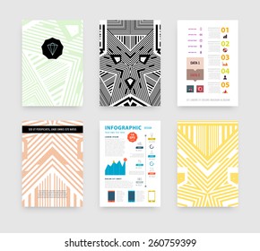 Ilustración de vectores infográficos con fondo de patrón geométrico abstracto. Plantilla de negocio para volante, pancarta, cartel, afiche, diseño de folleto. Ornamento negro gráfico y elementos. Arte de tecnología