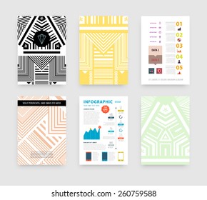Ilustración de vectores infográficos con fondo de patrón geométrico abstracto. Plantilla de negocio para volante, pancarta, cartel, afiche, diseño de folleto. Ornamento negro gráfico y elementos. Arte de tecnología