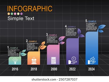 Infographic vector illustration with bars graph arranged by height showing growth in stages for presentation, management, administration, planning, banking and management. Progress timeline.