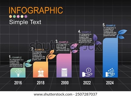 Infographic vector illustration with bars graph arranged by height showing growth in stages for presentation, management, administration, planning, banking and management. Progress timeline.